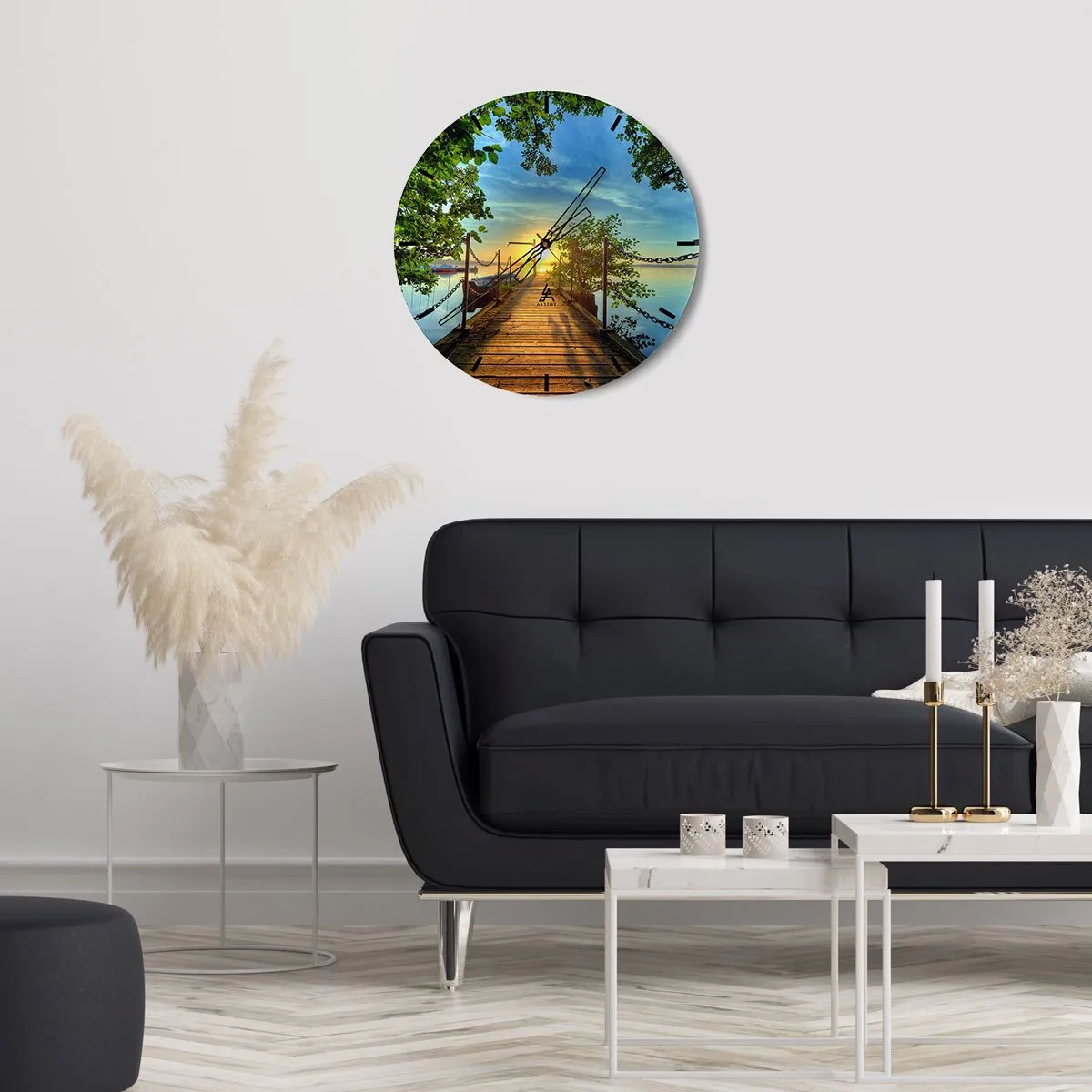 Reloj de pared - Reloj de vidrio - Atardecer junto al agua - 30x30 cm