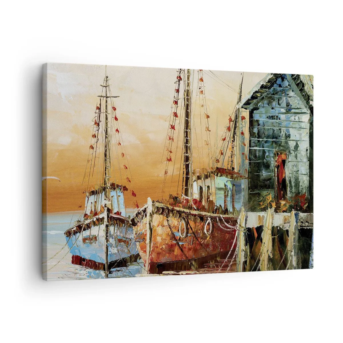 Cuadro sobre lienzo - Impresión de Imagen - Barcos en la orilla bajo la cálida luz del atardecer. - 70x50cm - Regreso pacífico - Decoración de pared moderna para salón y dormitorio ARTTOR