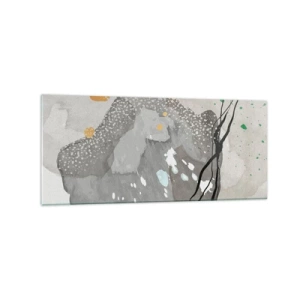 Cuadro sobre vidrio - Impresiones sobre Vidrio - Formas orgánicas en tonos grises con acentos negros y dorados. - 120x50cm - Composición orgánica - Decoración de pared moderna para salón y dormitorio ARTTOR