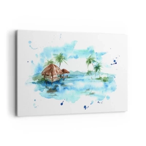 Cuadro sobre lienzo - Impresión de Imagen - Pintura de acuarela de un paisaje tropical con casas y palmeras. - 120x80cm - En algún lugar del Pacífico - Decoración de pared moderna para salón y dormitorio ARTTOR