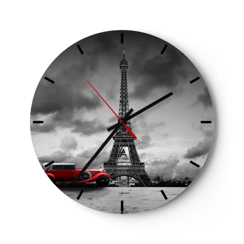 Reloj de pared - Reloj de vidrio - La Torre Eiffel con un coche retro rojo. - 30x30cm - No hace mucho tiempo, en París - Decoración de pared moderna para salón, cocina y dormitorio ARTTOR