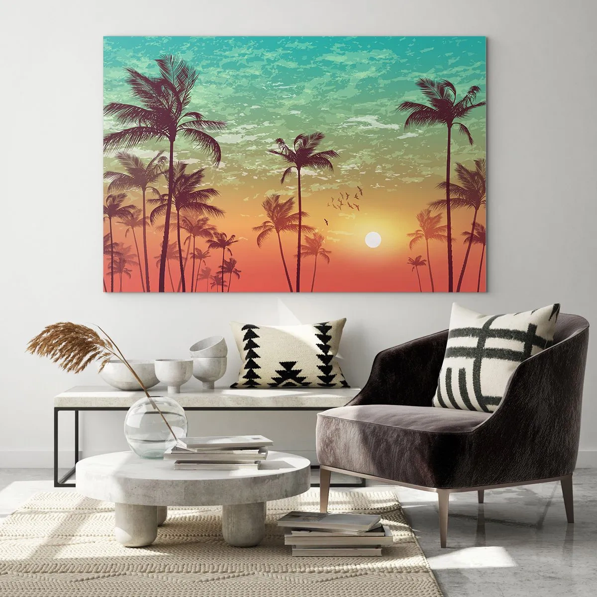Cuadro sobre vidrio - Impresiones sobre Vidrio - Ilustración de palmeras al atardecer - 100x70cm - Ambientes tropicales - Decoración de pared moderna para salón y dormitorio ARTTOR