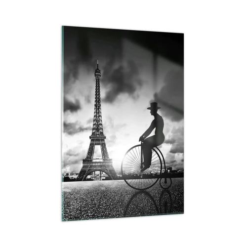 Cuadro sobre vidrio - Impresiones sobre Vidrio - Torre Eiffel con bicicleta retro en blanco y negro - 50x70cm - Añoranza de la Belle Epoque - Decoración de pared moderna para salón y dormitorio ARTTOR