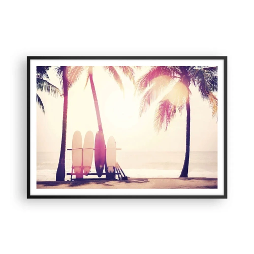 Póster en marco negro - Palmeras y tablas de surf en la playa bajo el sol. - 100x70cm - Va a ser un gran día - Decoración de pared moderna para salón y dormitorio ARTTOR