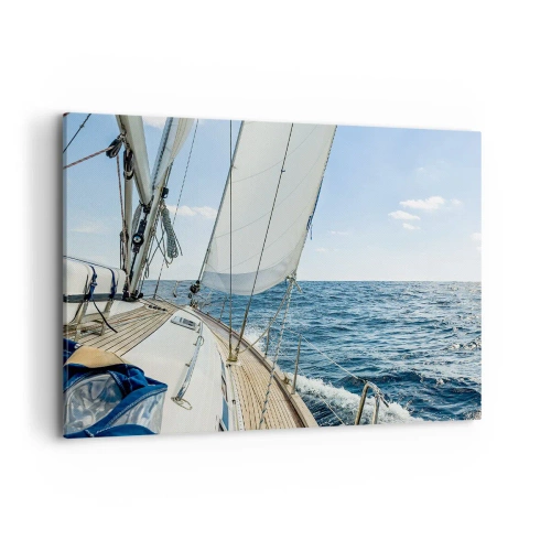 Cuadro sobre lienzo - Impresión de Imagen - Un velero en un mar tranquilo bajo un cielo azul. - 100x70cm - Ahoy, a la aventura - Decoración de pared moderna para salón y dormitorio ARTTOR