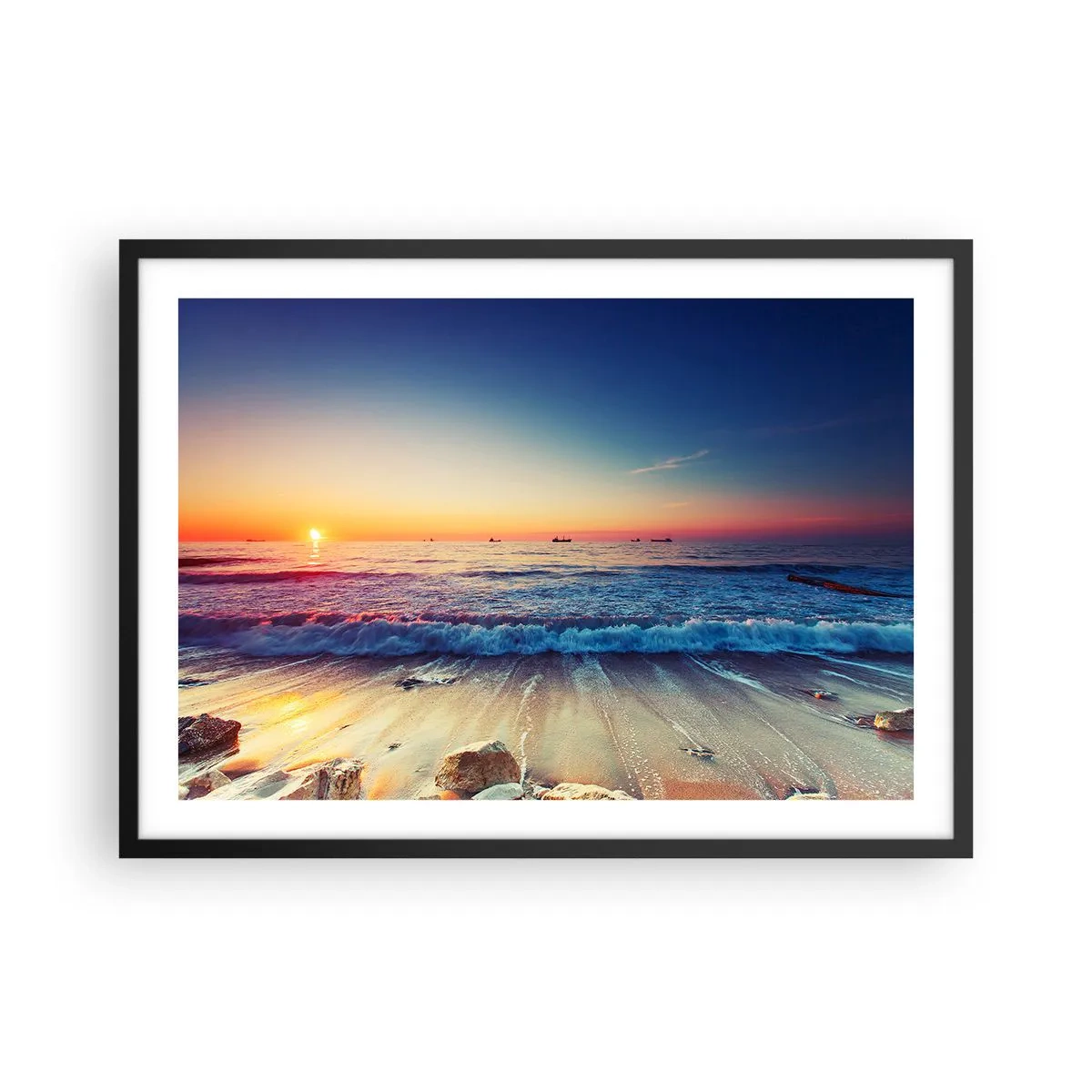 Póster en marco negro - Puesta de sol sobre un mar tranquilo con olas - 70x50cm - ¿Y qué hay tras el horizonte? - Decoración de pared moderna para salón y dormitorio ARTTOR