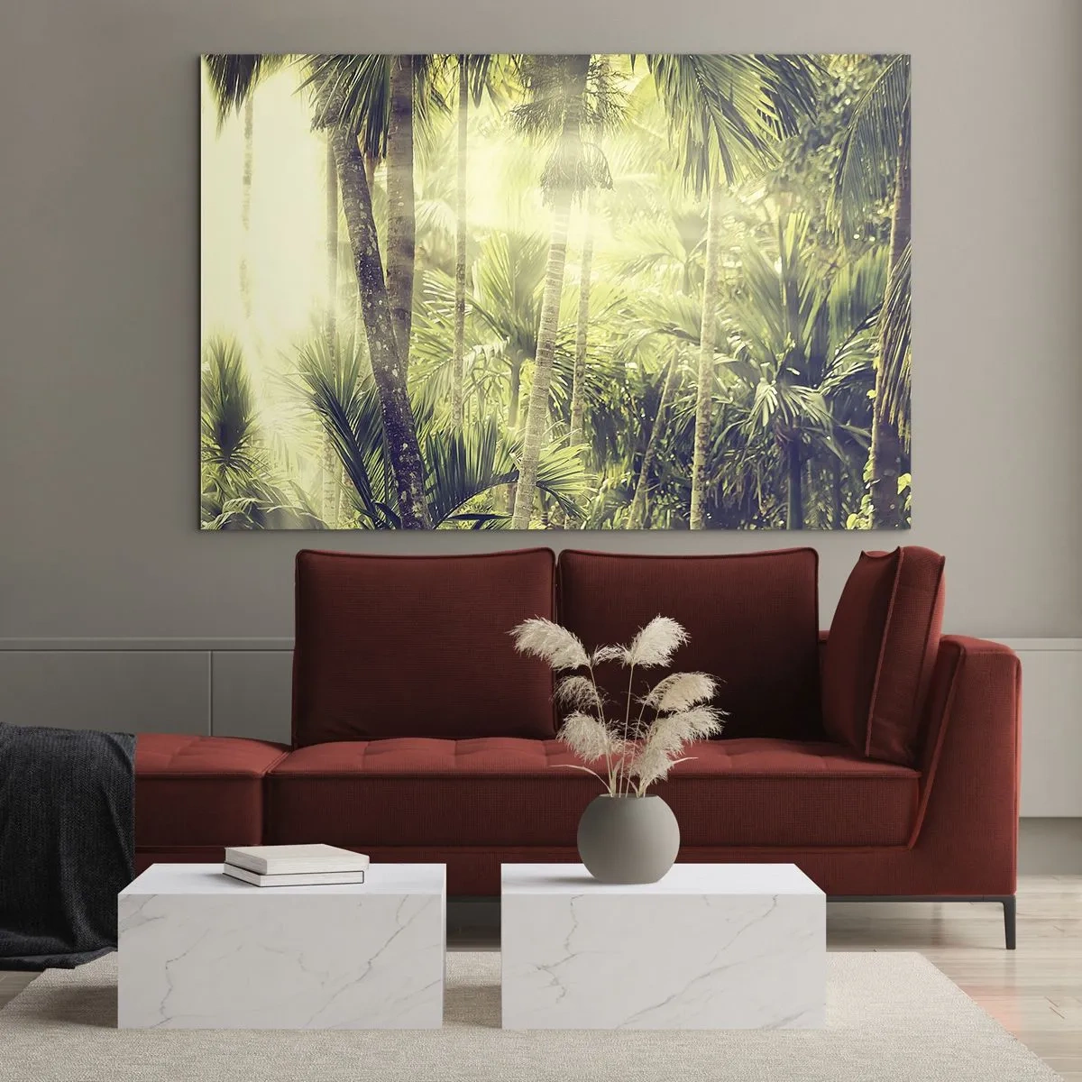 Cuadro sobre vidrio - Impresiones sobre Vidrio - Selva tropical verde bajo el sol - 70x50cm - En el cálido verde - Decoración de pared moderna para salón y dormitorio ARTTOR