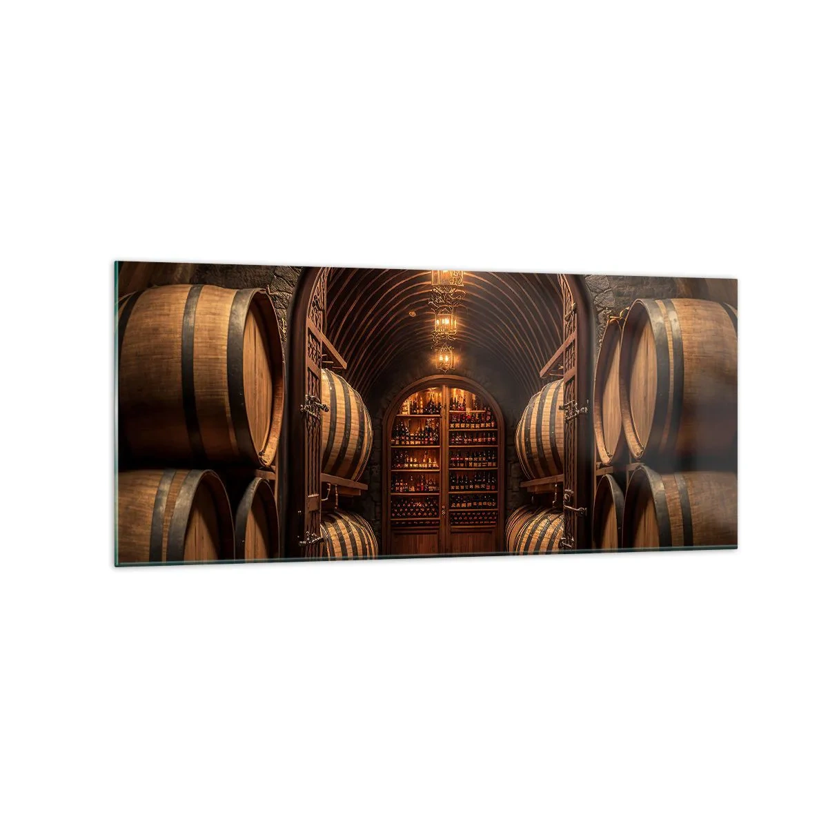 Cuadro sobre vidrio - Impresiones sobre Vidrio - Bodega con barriles de madera y estantes para vinos. - 120x50cm - Sótano atmosférico - Decoración de pared moderna para salón y dormitorio ARTTOR