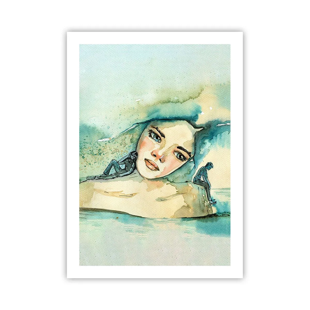 Póster - Retrato de una mujer en estilo artístico de acuarela. - 50x70cm - ¿Soy azul? - Decoración de pared moderna para salón y dormitorio ARTTOR