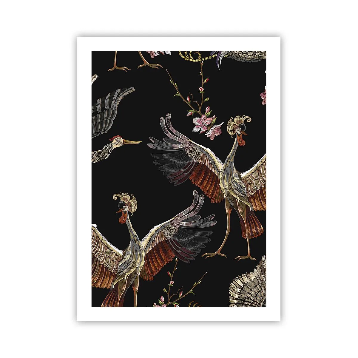 Póster - Elegantes grullas entre flores sobre fondo negro, de estilo oriental. - 50x70cm - Aves de cuento de hadas - Decoración de pared moderna para salón y dormitorio ARTTOR