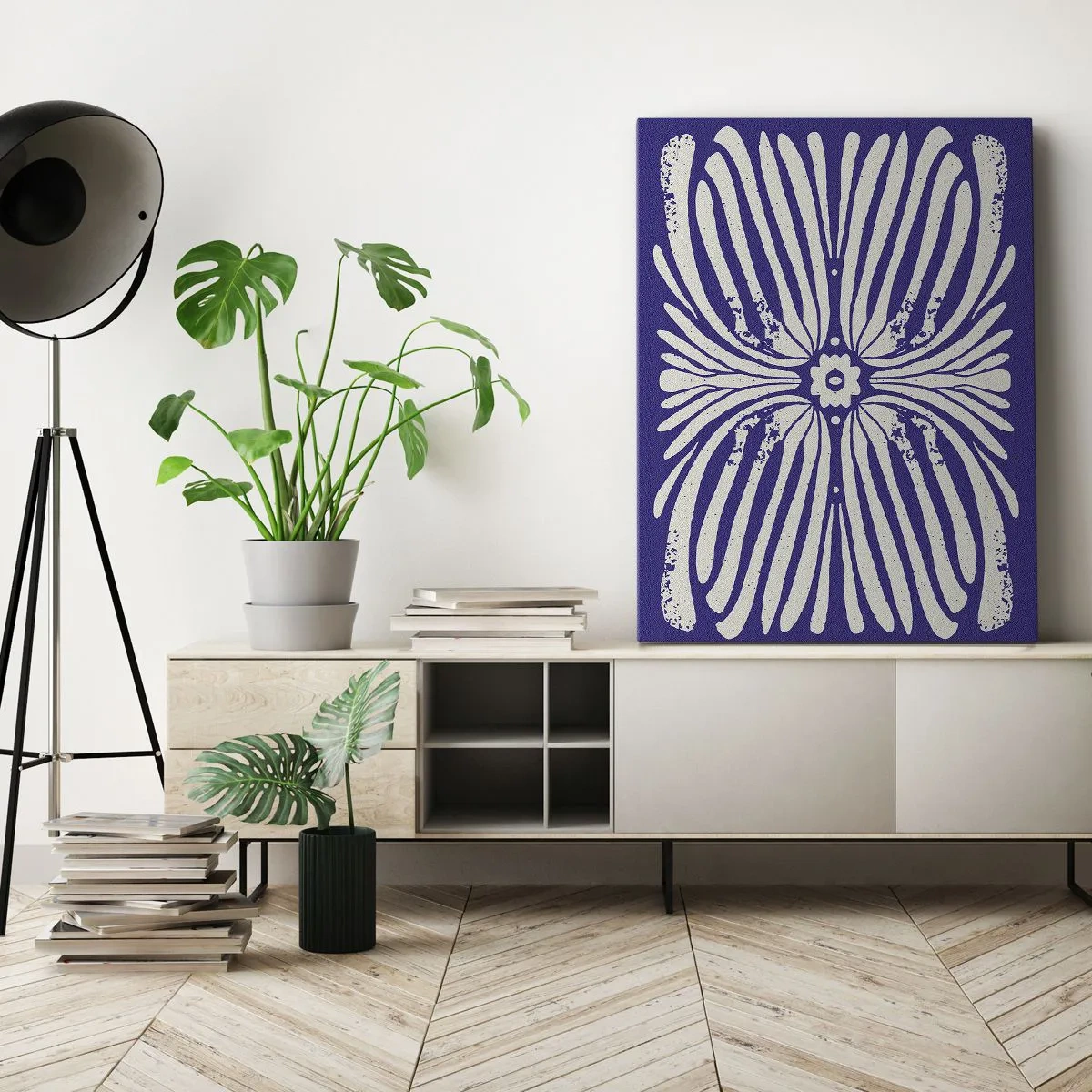 Cuadro sobre lienzo - Impresión de Imagen - Patrón étnico en tonos morados y blancos. - 50x70cm - Inspiraciones étnicas - Decoración de pared moderna para salón y dormitorio ARTTOR