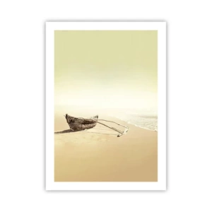 Póster - Un barco de madera solitario en una playa vacía en colores pastel. - 50x70cm - Un recuerdo de los mares del sur - Decoración de pared moderna para salón y dormitorio ARTTOR
