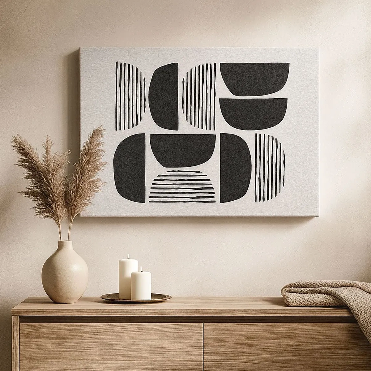 Cuadro sobre lienzo - Impresión de Imagen - Geometría con semicírculos y líneas en negro sobre fondo claro. - 70x50cm - Arreglos a medias - Decoración de pared moderna para salón y dormitorio ARTTOR