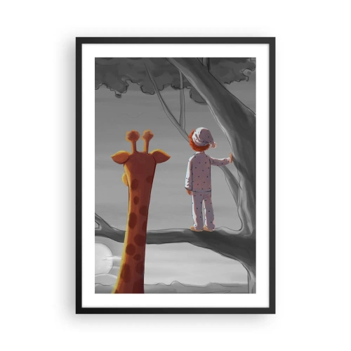 Póster en marco negro - Un niño en pijama y una jirafa en un árbol en un paisaje gris y naranja. - 50x70cm - ¿Está sucediendo de verdad? - Decoración de pared moderna para salón y dormitorio ARTTOR