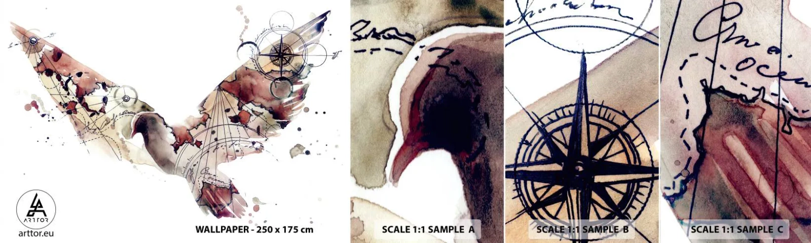 Muestra de fotomural autoadhesivo Deluxe Sticker - Vagabundo volador - Aves, Paloma, Abstracción - 100x30 cm