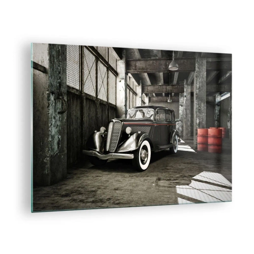 Cuadro sobre vidrio - Impresiones sobre Vidrio - Un coche clásico en un garaje con estilo - 70x50cm - La elegancia perdurable de los años 30. - Decoración de pared moderna para salón y dormitorio ARTTOR