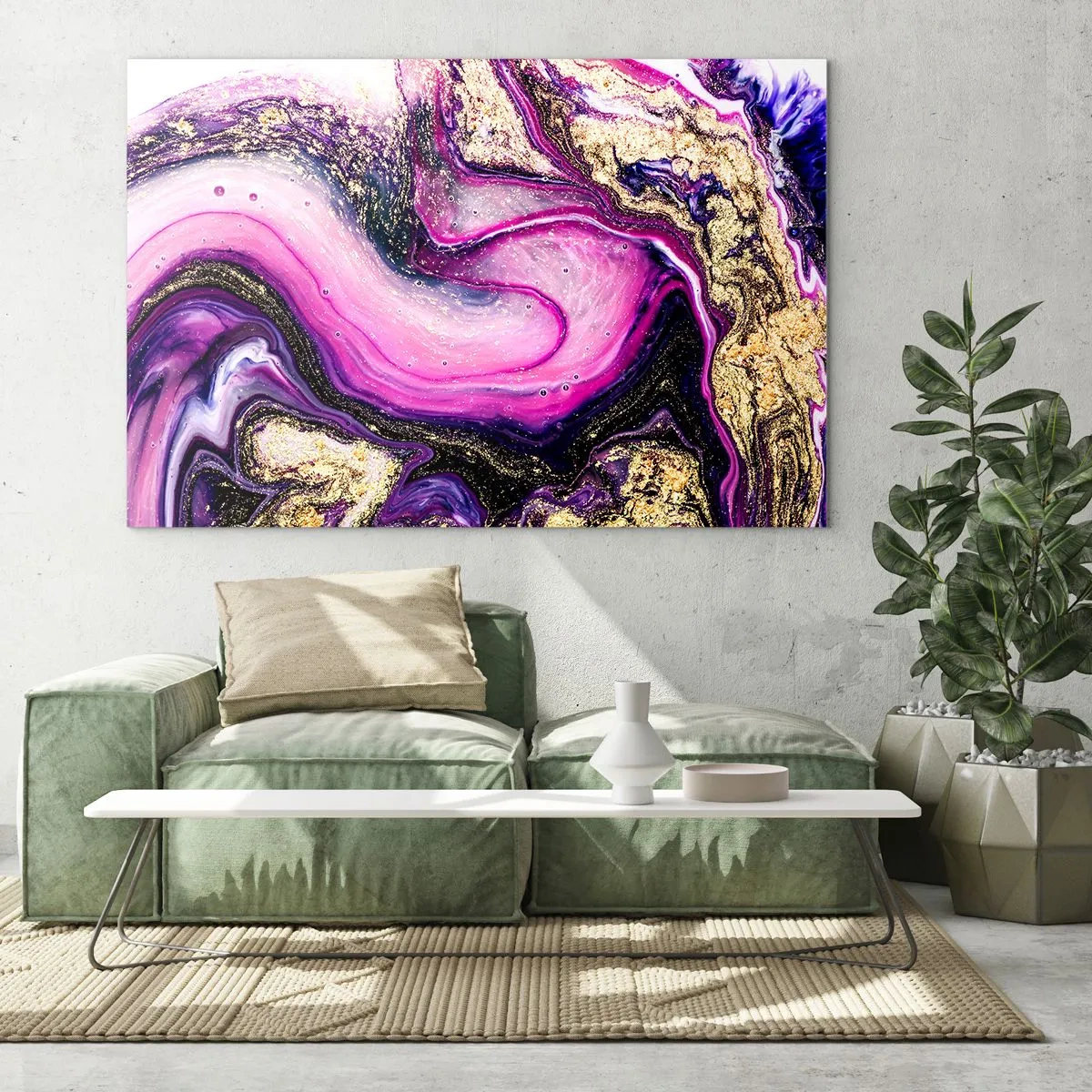 Cuadro sobre vidrio - Impresiones sobre Vidrio - Una composición abstracta en tonos morados y dorados. - 70x50cm - Un momento abstracto - Decoración de pared moderna para salón y dormitorio ARTTOR