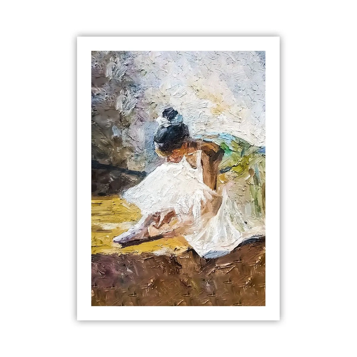 Póster - Una bailarina con un vestido blanco se apoya sobre un fondo pictórico. - 50x70cm - De un cuadro de Degas - Decoración de pared moderna para salón y dormitorio ARTTOR