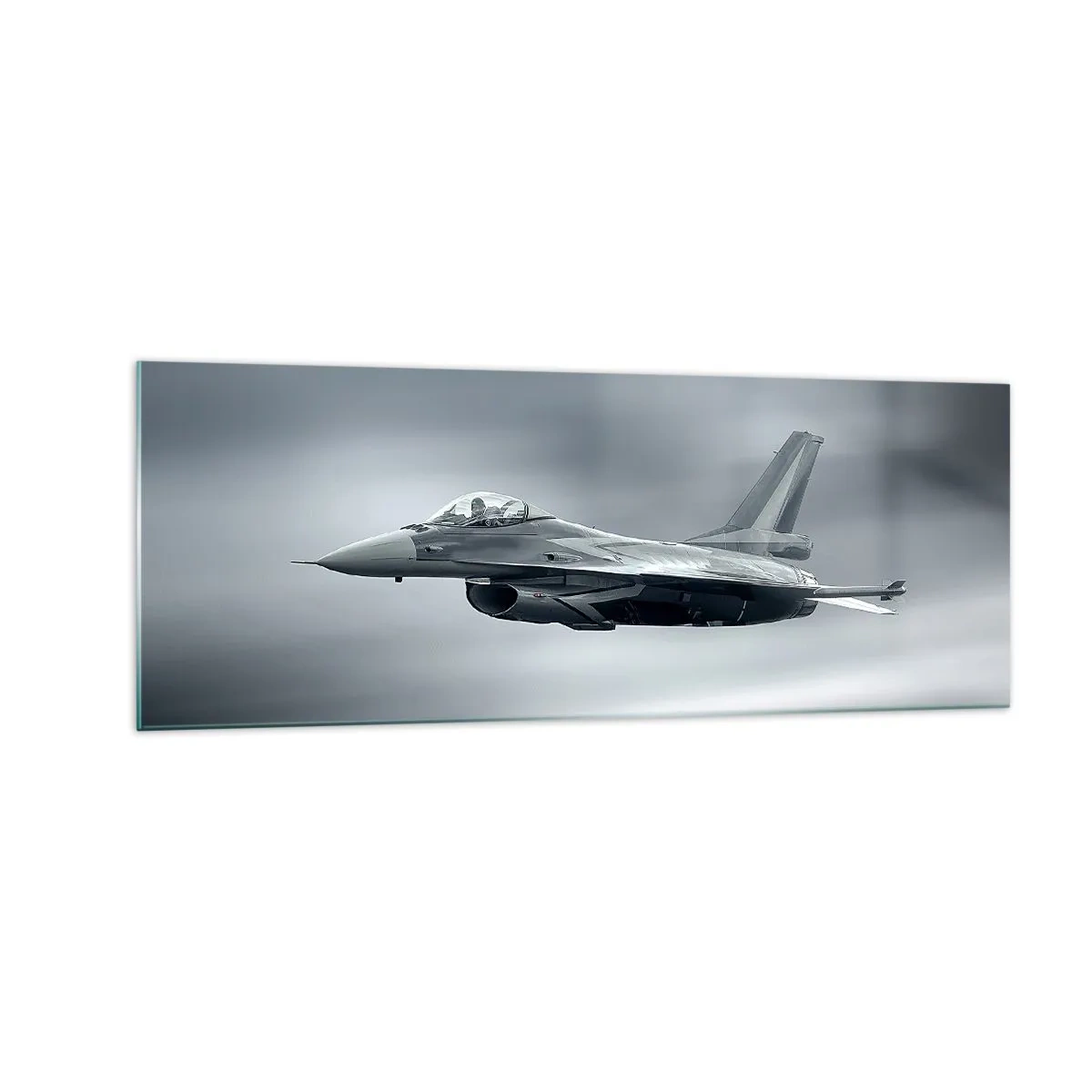 Cuadro sobre vidrio - Impresiones sobre Vidrio - Un avión de combate en vuelo contra un cielo nublado. - 140x50cm - ¿Quieres un reto? - Decoración de pared moderna para salón y dormitorio ARTTOR