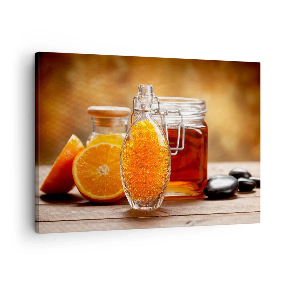 Cuadro sobre lienzo - Impresión de Imagen - Una botella de líquido ámbar y naranjas frescas. - 70x50cm - Sabores y aromas soleados - Decoración de pared moderna para salón y dormitorio ARTTOR