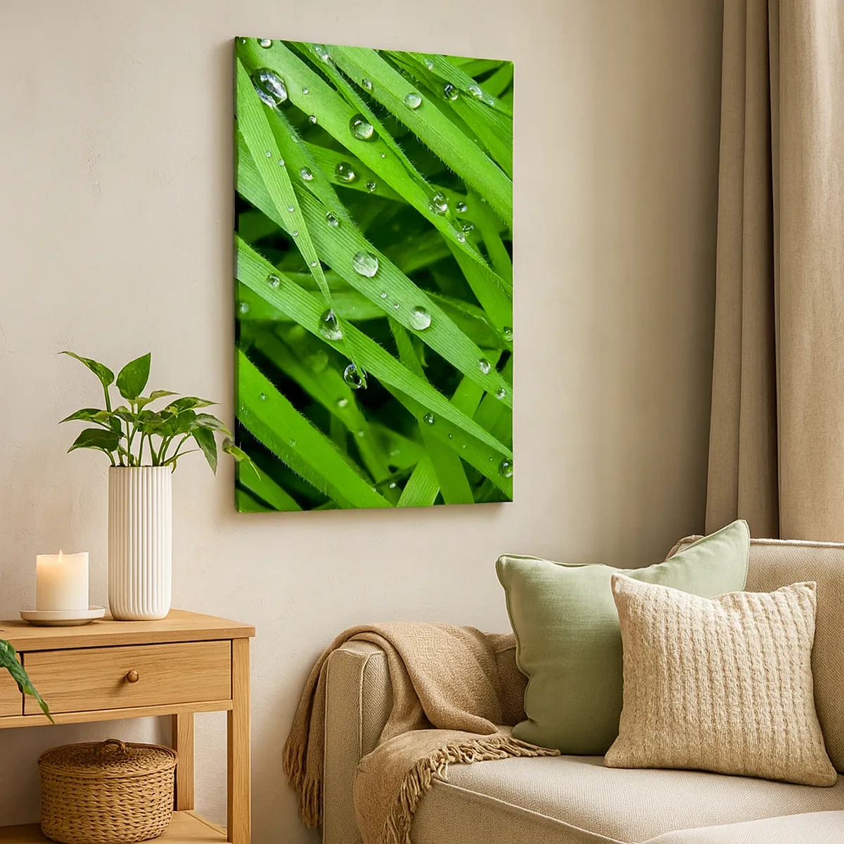Cuadro sobre lienzo - Impresión de Imagen - Primer plano de hojas verdes de hierba con gotas de rocío - 50x70cm - Jugar al verde - Decoración de pared moderna para salón y dormitorio ARTTOR