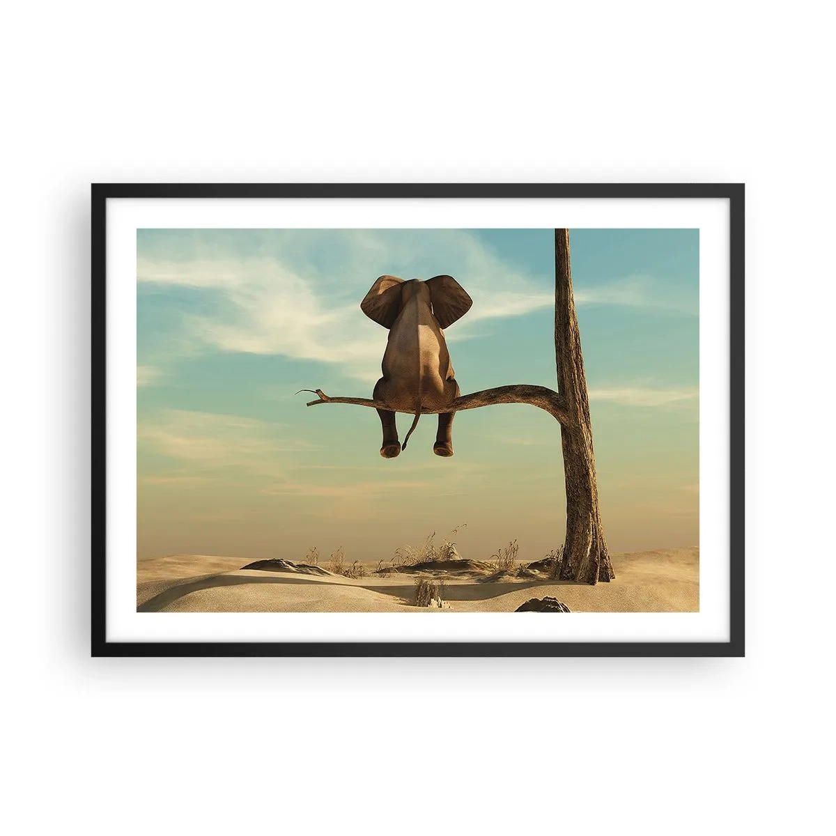 Póster en marco negro - Un elefante sentado en una rama con vistas a un paisaje desértico. - 70x50cm - Un nuevo punto de vista - Decoración de pared moderna para salón y dormitorio ARTTOR