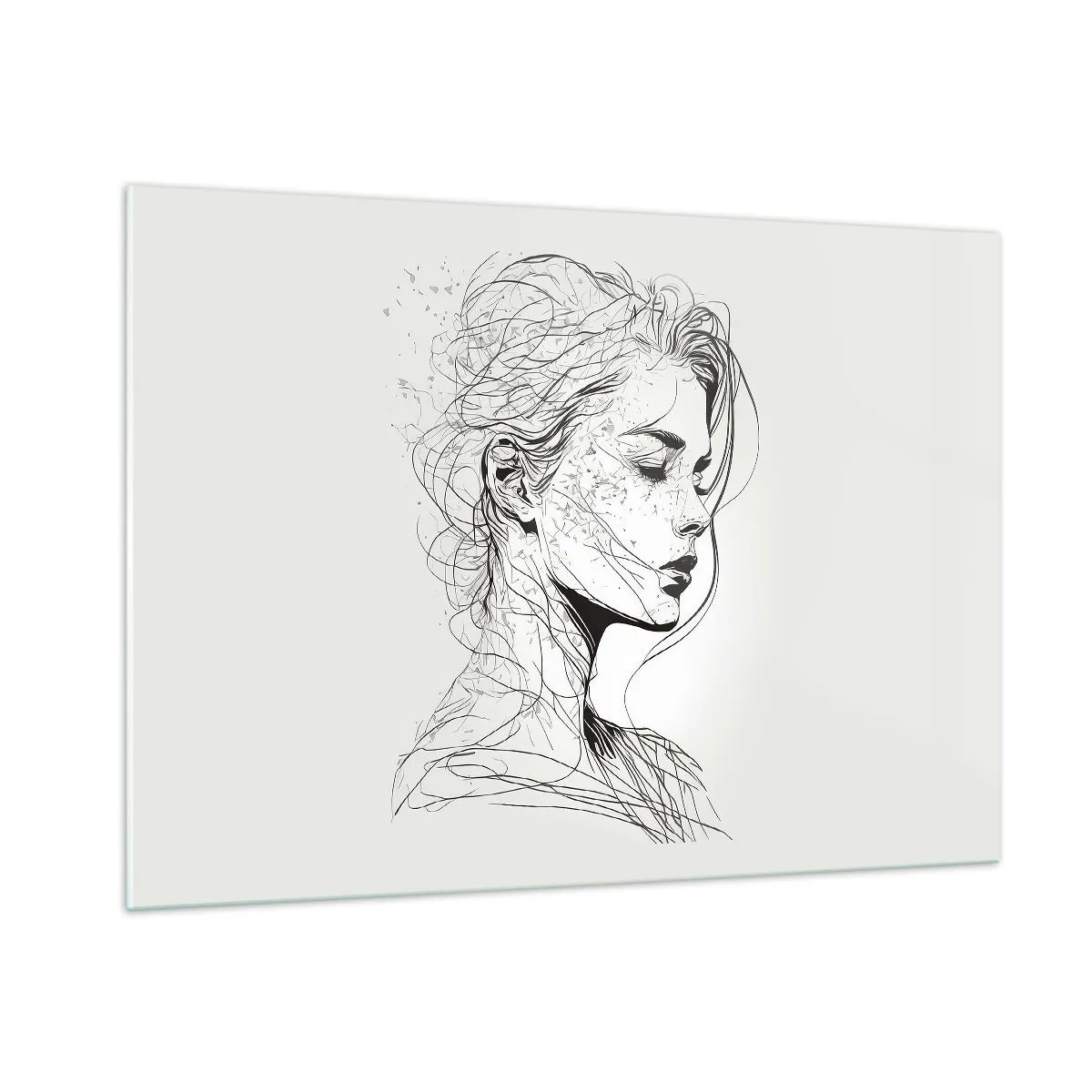 Cuadro sobre vidrio - Impresiones sobre Vidrio - Un boceto en blanco y negro de una mujer con los ojos cerrados en una línea delicada. - 100x70cm - Retrato de ensueño - Decoración de pared moderna para salón y dormitorio ARTTOR