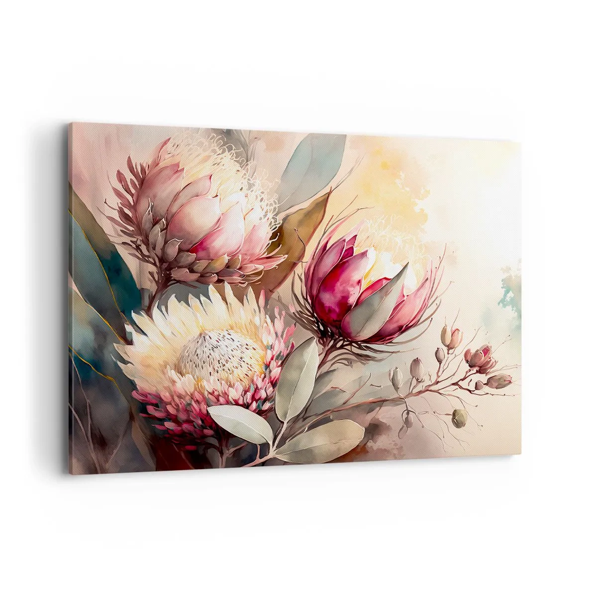 Cuadro sobre lienzo - Impresión de Imagen - Flores de protea en delicados tonos pastel. - 100x70cm - De perfil y de frente - Decoración de pared moderna para salón y dormitorio ARTTOR