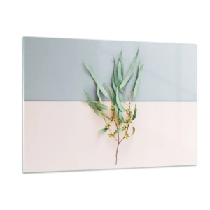 Cuadro sobre vidrio - Impresiones sobre Vidrio - Una ramita de eucalipto sobre un fondo pastel. - 120x80cm - La sutileza del pastel - Decoración de pared moderna para salón y dormitorio ARTTOR