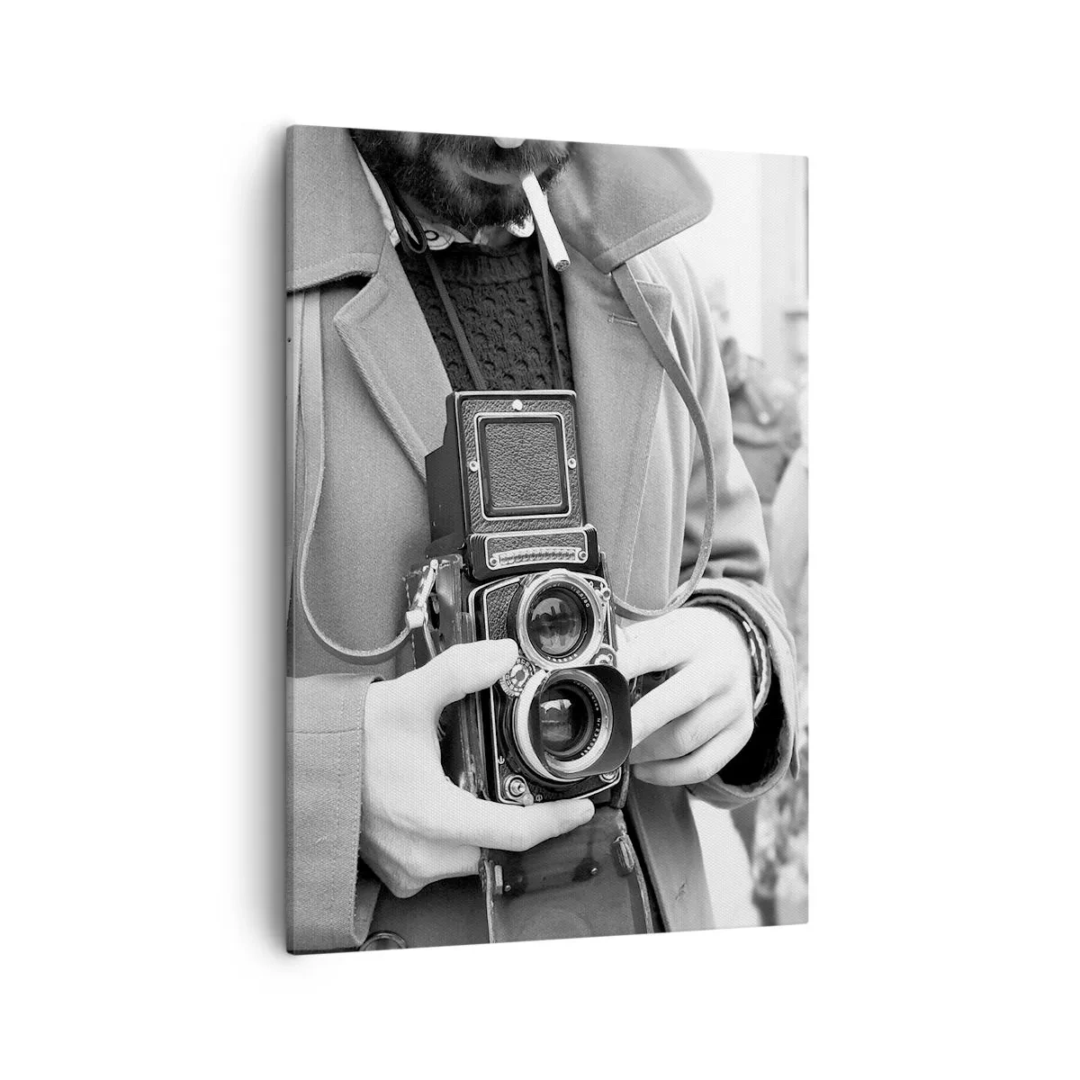 Cuadro sobre lienzo - Impresión de Imagen - Fotografía en blanco y negro de un hombre con una cámara retro. - 50x70cm - En estilo retro - Decoración de pared moderna para salón y dormitorio ARTTOR