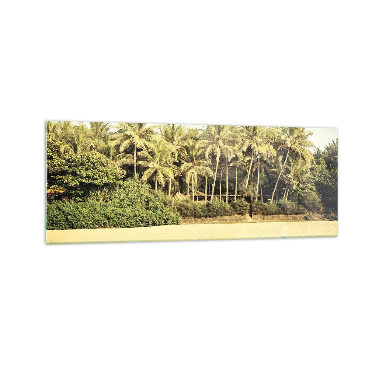 Cuadro sobre vidrio - Impresiones sobre Vidrio - Playa tropical con palmeras y mar turquesa. - 140x50cm - ¿Qué tal aquí? - Decoración de pared moderna para salón y dormitorio ARTTOR