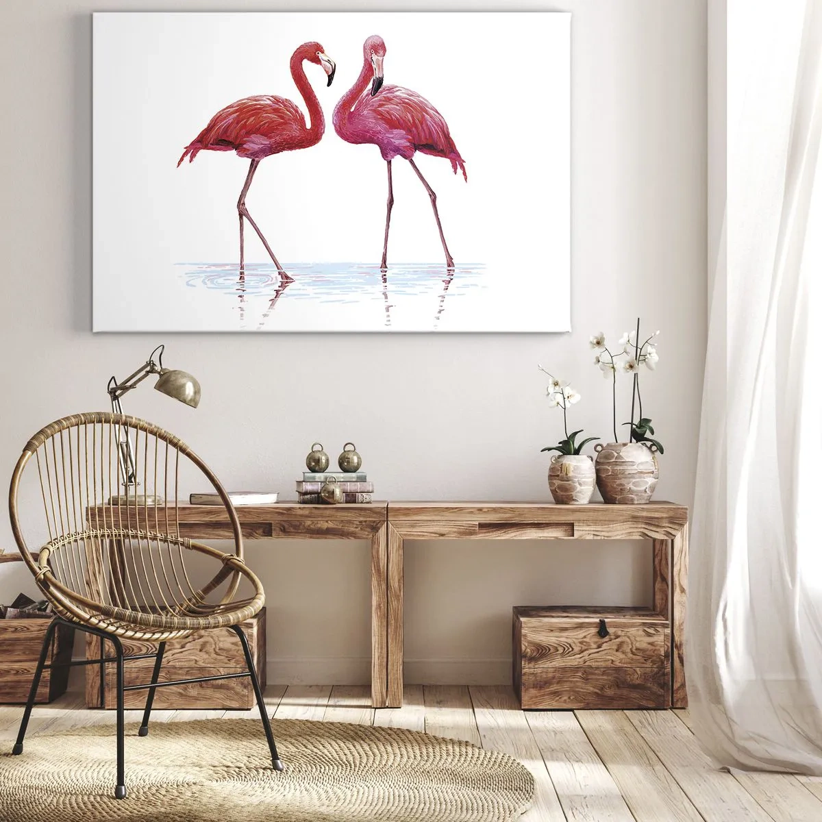 Cuadro sobre lienzo - Impresión de Imagen - Una pareja de flamencos en el agua contra un fondo claro. - 70x50cm - Cita rosada - Decoración de pared moderna para salón y dormitorio ARTTOR