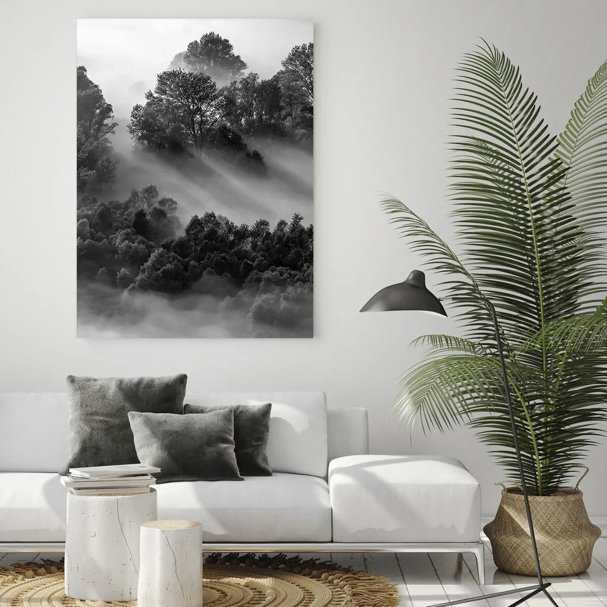 Cuadro sobre vidrio - Impresiones sobre Vidrio - Paisaje forestal en blanco y negro en la niebla matutina - 80x120cm - Levantarse del sueño - Decoración de pared moderna para salón y dormitorio ARTTOR