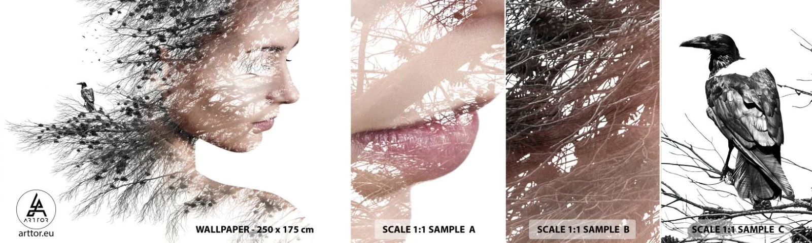 Muestra De Fotomural Standard Eco - Espíritu del bosque - Abstracción, cara de mujer, Árbol - 100x30 cm