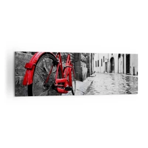 Cuadro sobre lienzo - Impresión de Imagen - Bicicleta roja en una calle en blanco y negro - 160x50cm - La verdadera belleza no envejece - Decoración de pared moderna para salón y dormitorio ARTTOR