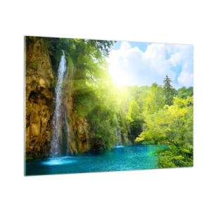 Cuadro sobre vidrio - Impresiones sobre Vidrio - Una cascada que desemboca en un lago azul rodeado de vegetación. - 100x70cm - Debe ser el Edén - Decoración de pared moderna para salón y dormitorio ARTTOR
