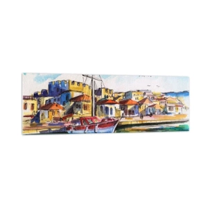 Cuadro sobre vidrio - Impresiones sobre Vidrio - Un puerto pintoresco con un barco y edificios coloridos. - 160x50cm - Tarde de arco iris - Decoración de pared moderna para salón y dormitorio ARTTOR