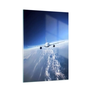 Cuadro sobre vidrio - Impresiones sobre Vidrio - Un avión de pasajeros contra un cielo azul y nubes. - 50x70cm - Vuelo porque quiero - Decoración de pared moderna para salón y dormitorio ARTTOR