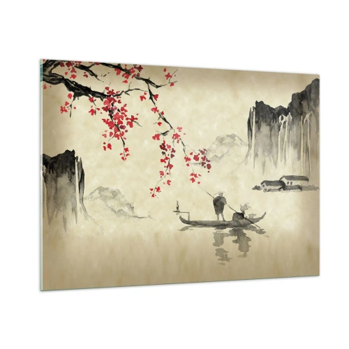 Cuadro sobre vidrio - Impresiones sobre Vidrio - Escena de pesca oriental con rama de flor de cerezo y montañas. - 100x70cm - En el país de los cerezos en flor - Decoración de pared moderna para salón y dormitorio ARTTOR