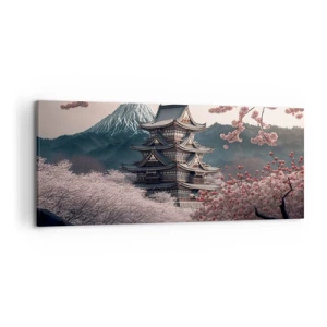 Cuadro sobre lienzo - Impresión de Imagen - Un templo japonés rodeado de flores de cerezo y montañas. - 120x50cm - Tierra de cerezos en flor - Decoración de pared moderna para salón y dormitorio ARTTOR