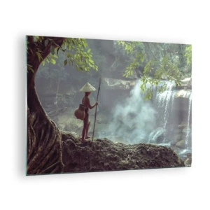 Cuadro sobre vidrio - Impresiones sobre Vidrio - Un niño con una lanza en una cascada en la selva tropical. - 70x50cm - Amistad con la naturaleza - Decoración de pared moderna para salón y dormitorio ARTTOR