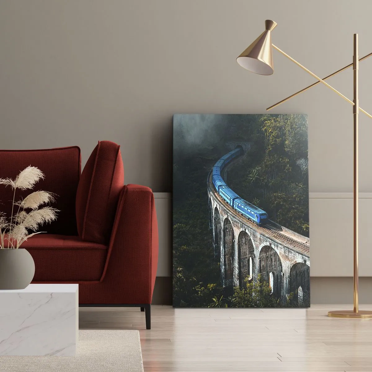 Cuadro sobre lienzo - Impresión de Imagen - Un tren azul en un viaducto histórico entre los bosques. - 50x70cm - Vías sobre la naturaleza - Decoración de pared moderna para salón y dormitorio ARTTOR