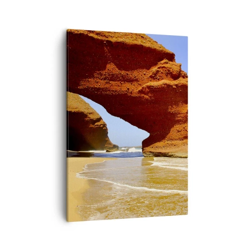 Cuadro sobre lienzo - Impresión de Imagen - Un arco de roca natural en una playa con cielos azules y olas. - 50x70cm - El agua y el viento a través de miles de años - Decoración de pared moderna para salón y dormitorio ARTTOR