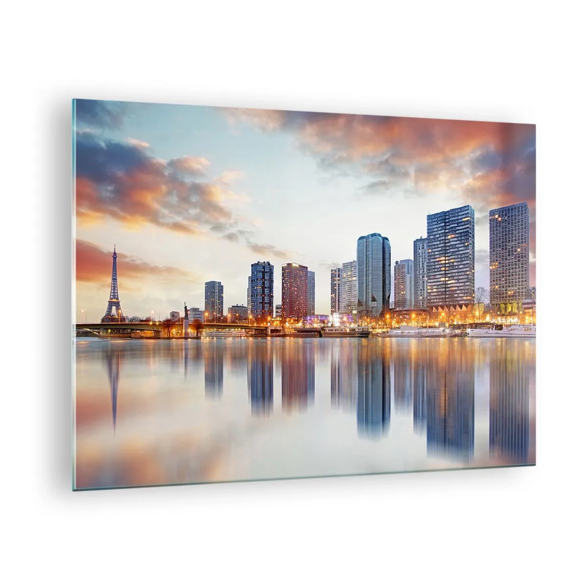 Cuadro sobre vidrio - Impresiones sobre Vidrio - Panorama de París con la Torre Eiffel y edificios modernos al atardecer - 70x50cm - La calma monumental de París - Decoración de pared moderna para salón y dormitorio ARTTOR