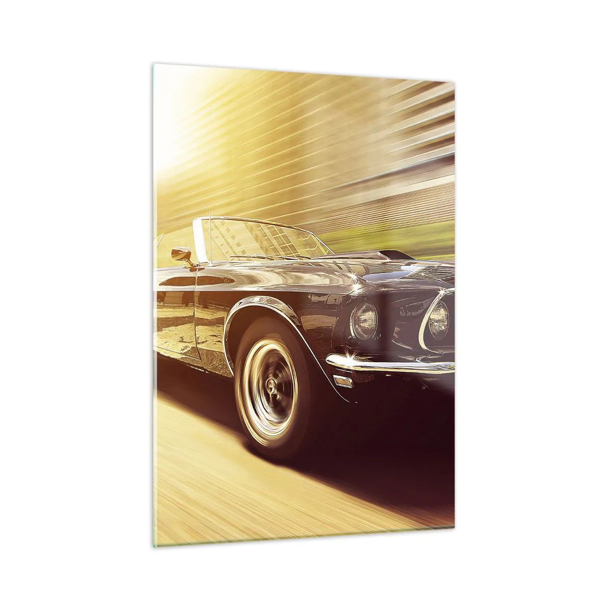 Cuadro sobre vidrio - Impresiones sobre Vidrio - Coche clásico en movimiento bajo la luz del sol. - 50x70cm - 1967 - El retorno de una leyenda - Decoración de pared moderna para salón y dormitorio ARTTOR