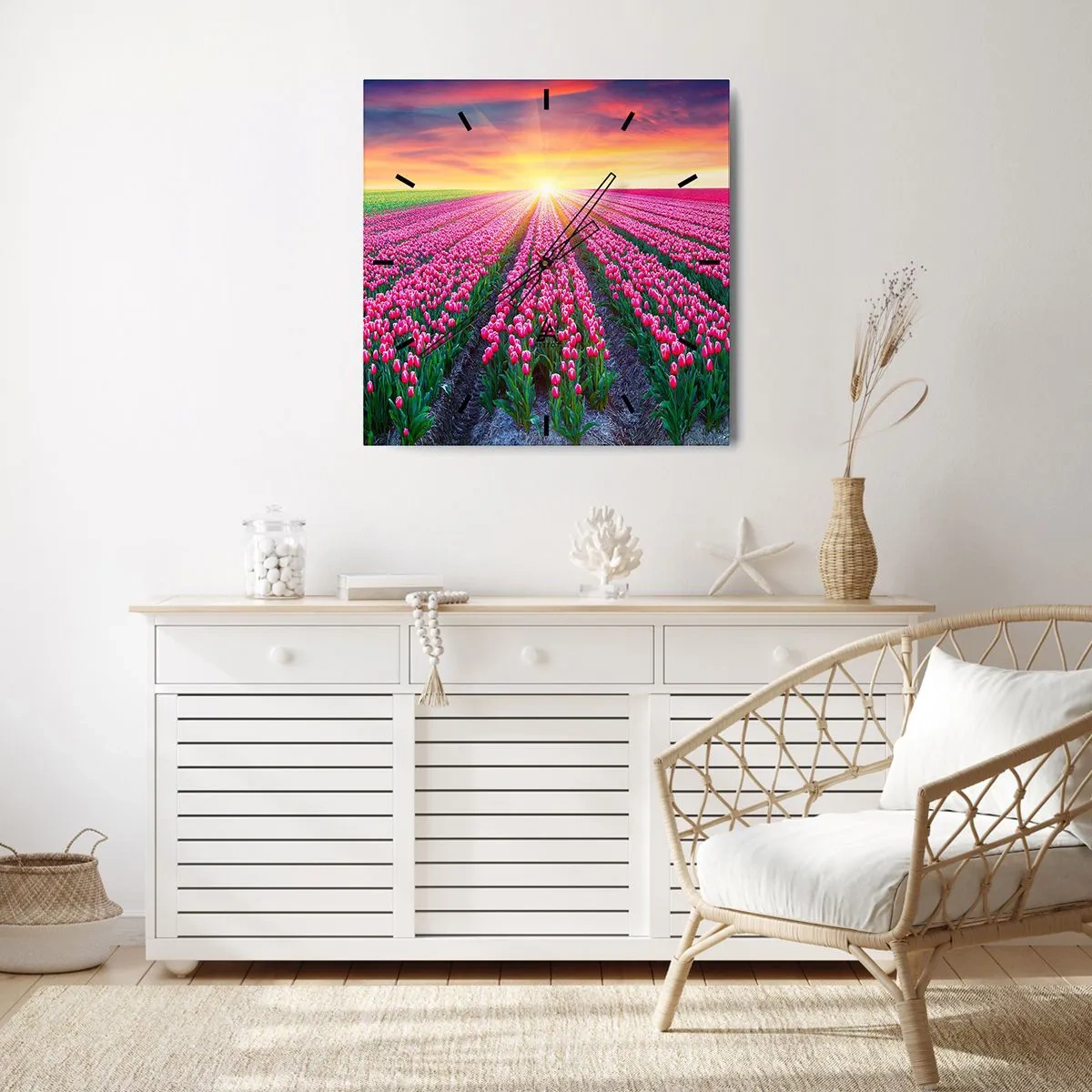 Reloj de pared - Reloj de vidrio - Un campo de tulipanes al atardecer - 30x30cm - Granja de belleza - Decoración de pared moderna para salón y dormitorio ARTTOR
