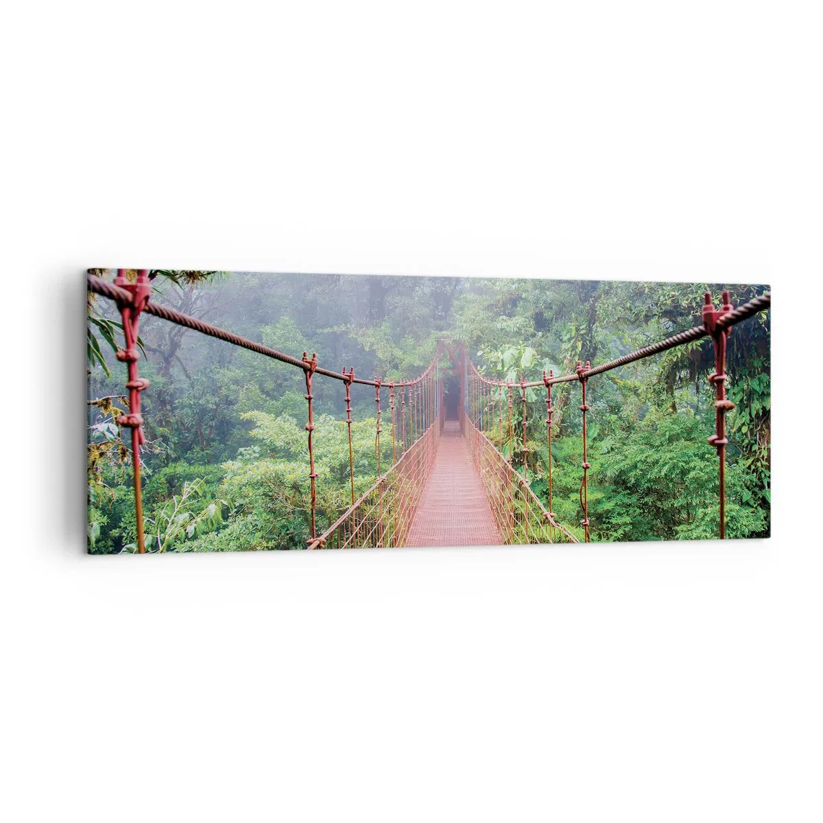 Cuadro sobre lienzo - Impresión de Imagen - Un puente colgante en una selva tropical rodeado de niebla. - 140x50cm - Suspendido sobre las copas - Decoración de pared moderna para salón y dormitorio ARTTOR