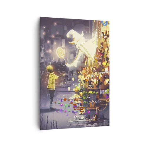 Cuadro sobre lienzo - Impresión de Imagen - Un personaje de cuento de hadas y un niño en una calle llena de luces y magia. - 70x100cm - Los hechizos existen - Decoración de pared moderna para salón y dormitorio ARTTOR