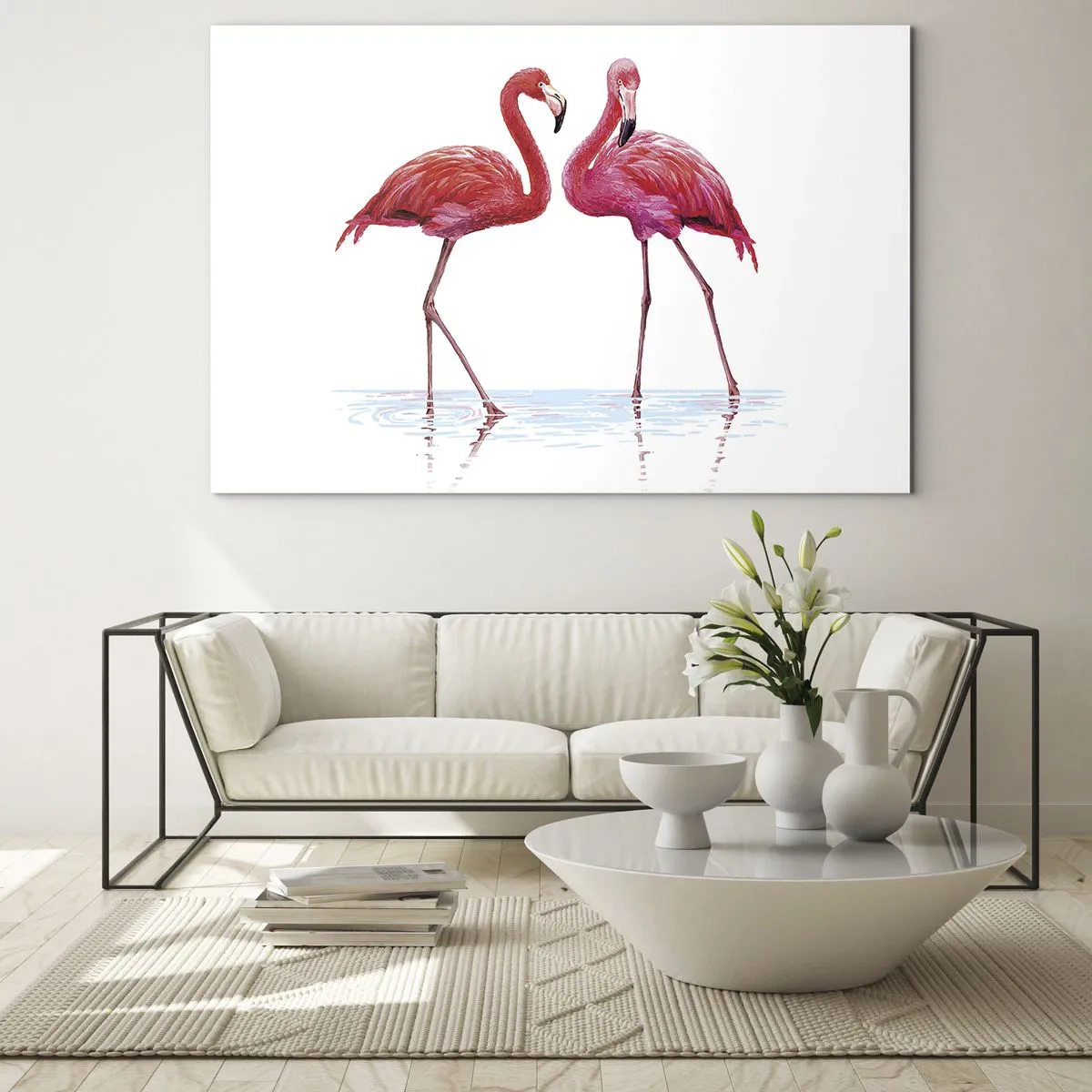 Cuadro sobre vidrio - Impresiones sobre Vidrio - Dos flamencos rosados de pie en el agua. - 70x50cm - Cita rosada - Decoración de pared moderna para salón y dormitorio ARTTOR