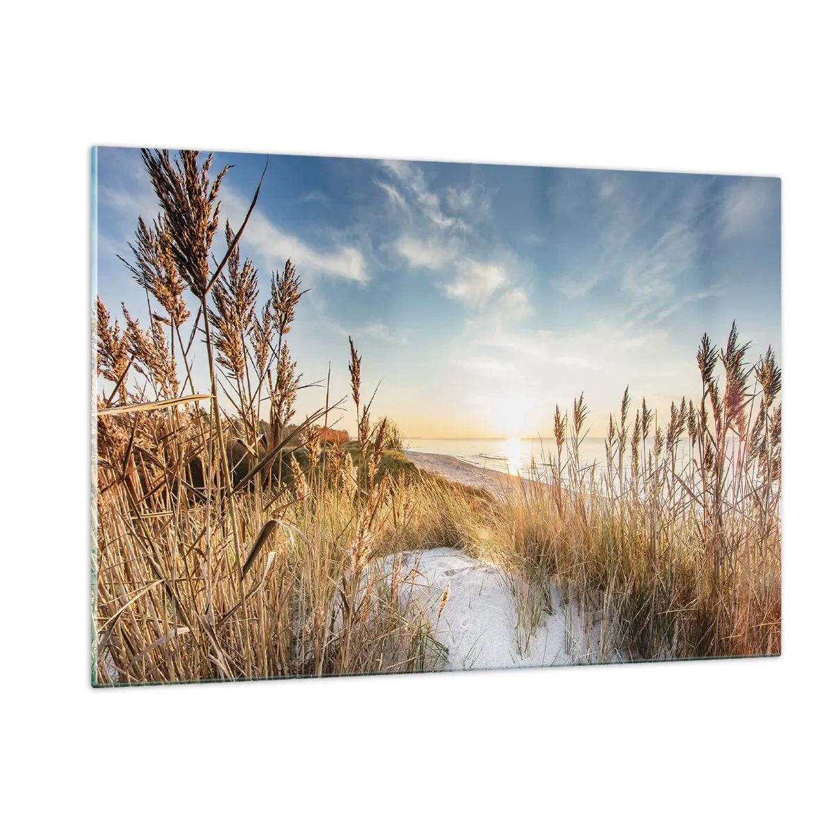 Cuadro sobre vidrio - Impresiones sobre Vidrio - Puesta de sol sobre una playa con dunas cubiertas de hierba - 120x80cm - Playa del norte - Decoración de pared moderna para salón y dormitorio ARTTOR